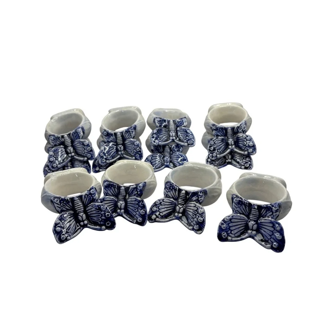 Vintage Handcrafted Butterfly Napkin Rings Set of 8 Blue White‎ Ceramic Decor